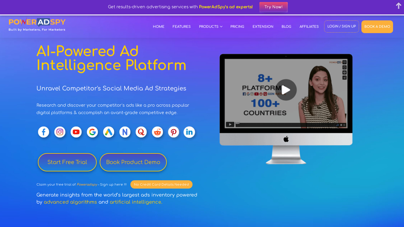 PowerAdSpy Landing page